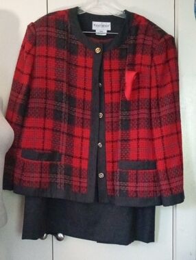 VTG John Meyer of Norwich Red Black Plaid 100% Wool Jacket & Skirt Set Plus 20W